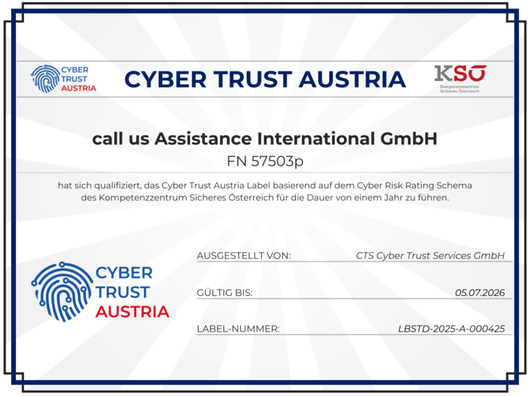 B2B-Service-Vorteile : call us ist als Servicedienstleister für B2B von Cyber Trust Austria für hüchste Sicherheitsstandards ausgezeichnet