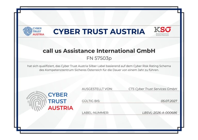 B2B-Service-Vorteile : call us ist als Servicedienstleister für B2B von Cyber Trust Austria für hüchste Sicherheitsstandards ausgezeichnet